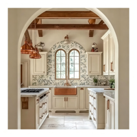 Vermonhouzz Armoires de cuisine modernes sur mesure en deux tons vert matcha et blanc sans poignées en forme de L avec armoire murale en verre cintrée