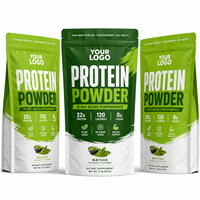 Sachet d'emballage personnalisé pour poudre protéinée végétale, vert matcha, avec fermeture éclair, pour suppléments nutritionnels végétaliens en poudre