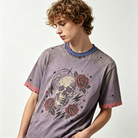 T-shirt Homme Vintage Lavage Violet Crâne Rose Emo Effet Vieilli Coton Épais Lavage Acide Motif Streetwear Fournisseur Principal