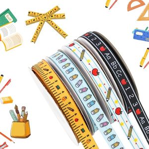 Cinta de satén estampada a doble cara para la vuelta al cole, al por mayor, con patrón de alfabeto, regla y lápiz, 100% poliéster, decoración para mochilas escolares - Product Image 1