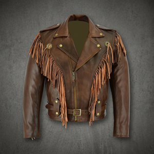 Men's Brown Leather Biker <b>Jacket</b> <b>Fringe</b> Tassel Decor Zipper Closure Turn-down Collar Regular Fit Quick Dry Breathable Winter - Product Image 4