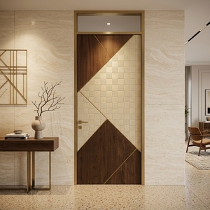 Cette porte intérieure en acajou présente un motif géométrique en mosaïque et intègre des tissages complexes en rotin naturel pour un style élégant. - Product Image 4