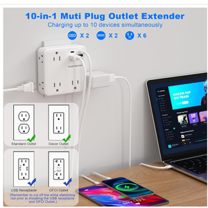 Multipresa a Muro con 6 Prese AC, 2 Porte Type-C e 2 Porte Type-A, Prolunga Elettrica a 3 Vie con Prese Multiple - Product Image 5