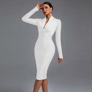 <span class=keywords><strong>Vestido</strong></span> Elegante de Oficina para Mujer, Cuello en V, Manga Larga, Drapeado, Ajustado, Hasta la Rodilla, Marca Ocstrade, Alta Calidad - Product Image 4