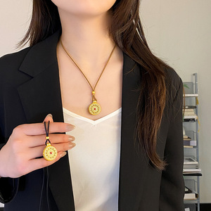 Gold Plated Eight Treasure Compass Necklace Zinc Alloy Sweater Chain With Red Stone Pendant Daily Wear Gift Jewelry - Product Image 2