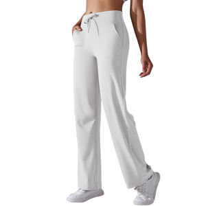 Venta al por mayor de logotipo personalizado transpirable correr Fitness bolsillo de cintura alta elástico suelto Casual pierna ancha pantalones de Yoga - Product Image 5