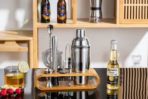 700ML Silver Cocktail Shaker Set Perfect Home Bartending Kit For Drink Mixing Stainless Steel Bar Tools With Wooden Stand