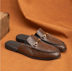 Men's Horsebit Buckle <b>Closed</b> Toe Mule Slippers Minimalist Backless Leather Slides <b>Sandals</b> for Young Men Daily Wear Casual - Product Image 3
