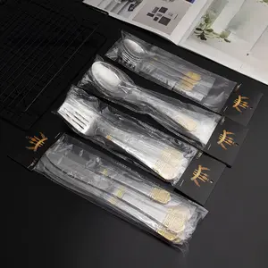 Mercado do Oriente Médio Venda Quente Banhado A Ouro Talheres De Aço Inoxidável 6pcs Mesa Faca Colher Garfo Com Cabeça Cartão PVC Bag Embalagem