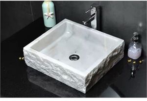 Lavabo de mármol con <span class=keywords><strong>encimera</strong></span> blanca, lavamanos <span class=keywords><strong>cuadrado</strong></span> de piedra, lavabo de granja - Product Image 2