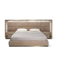 Italienisches Luxusbett aus Mattiertem Rindsleder, Doppelbett mit Naturstein-Verzierung, Breitbild-Villa-Hochzeitsbett nach Maß