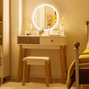 Ensemble de coiffeuse avec miroir LED, 3 modes d'éclairage coloré et luminosité réglable, avec tabouret rembourré pour <span class=keywords><strong>filles</strong></span> - Product Image 1