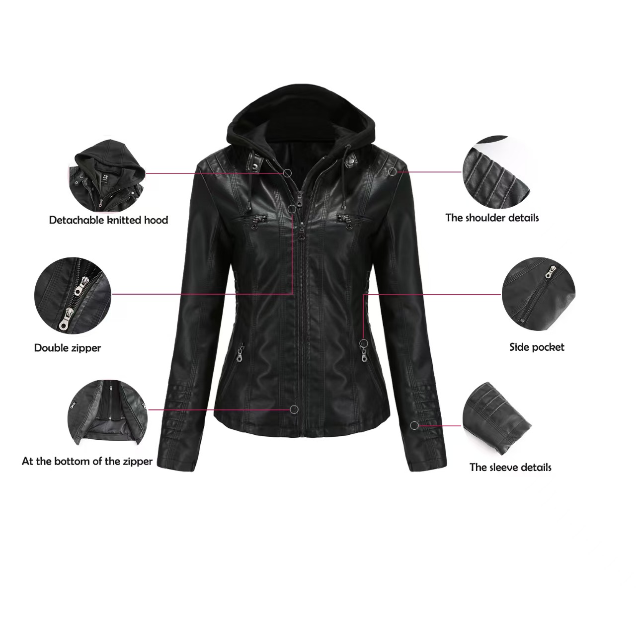 Fashion Spring Autumn Winter PU Leather Clothes Women's Hooded Jackets Plus Size Warm with Zipper