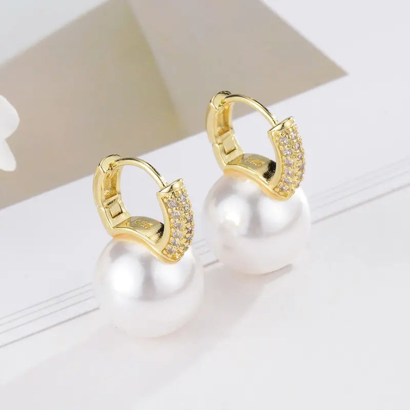 REETI 925 Sterling Silver pearl Hoop Earrings for Women Shiny CZ Silver Jewelry Gifts