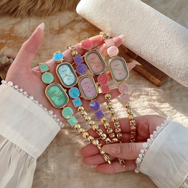 Luxury Female Alloy Quartz Wristwatch Colorful Stone Decor Gold Plated Dress Watch Elegant Lady Gift Relogio