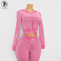 Ensemble de survêtement pour femmes avec logo en caoutchouc personnalisé, sweat-shirt à fermeture éclair avec rayures roses et pantalon de survêtement, ensemble de 2 pièces pour femmes