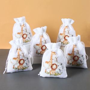 Jungle Safari blanc sacs en toile de jute sac à cordon pochette bonbons cadeau lin poches pour cadeau de fête <span class=keywords><strong>Goodies</strong></span> sac fourre-tout <span class=keywords><strong>anniversaire</strong></span> décor - Product Image 1