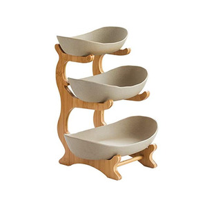 Home 3 Tier Fruit Bowl Bamboo Wood Stand Green Ceramic Dish <strong>Table</strong> Decoration Fruit <strong>Basket</strong> - Product Image 2