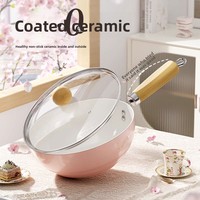 Nouvelle poêle wok rose en fer forgé, revêtement céramique antiadhésif, fond plat, pour cuisinières universelles domestiques, sans couvercle