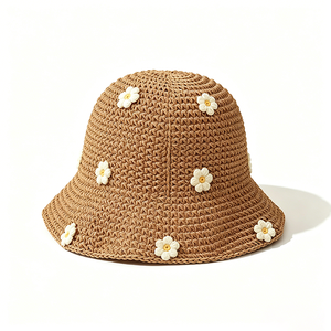 Sombrero de Pescador Tejido a Crochet para Mujer, Diseño a Rayas con Flores 3D, Transpirable, para Verano, Pesca, Viajes y Uso Casual - Product Image 3