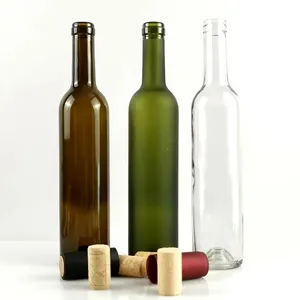 Venta caliente botella de vino de vidrio transparente esmerilado ámbar verde Burdeos Borgoña botella de vino vacía con corcho 500ml 700ml 750ml 1000ml