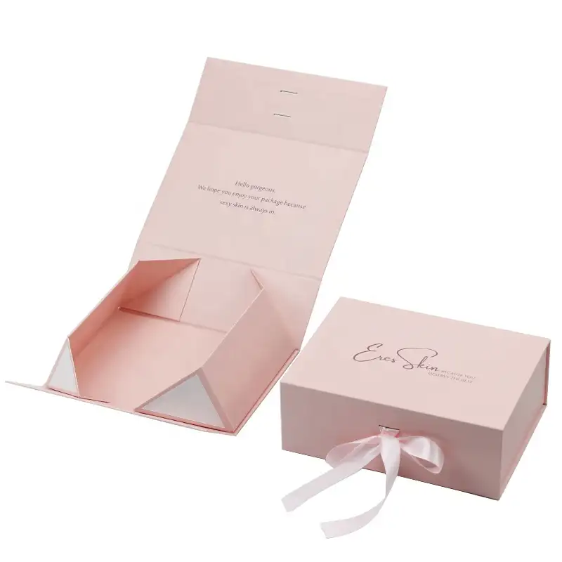 Özel Logo lüks karton manyetik katlanır hediye kurdelalı kutu kapatma cilt bakım hediye karton kutu kozmetik hediye kutusu