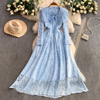 Robe élégante pour femmes en dentelle rose, coupe évasée, manches longues, col décoré de strass, robe de soirée décontractée mi-longue pour tous les jours
