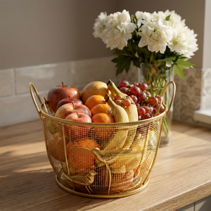 Panier à fruits en métal avec motif d'oiseau décoratif, corbeille à fruits en fil métallique, panier de rangement pour fruits et légumes sur comptoir de cuisine - Product Image 1