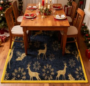 Tapis antidérapant en peluche bleu marine Longstar X Mas Decora avec imprimé renne doré et neige, parfait pour l'entrée, ornement de Noël - Product Image 2