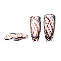 Jarrón de Vidrio Soplado a Mano Artístico con Patrón de Líneas Rojas Pintadas a Mano, Cuerpo de Cristal Transparente, Centro de Mesa de Lujo para Decoración del Hogar y Hoteles