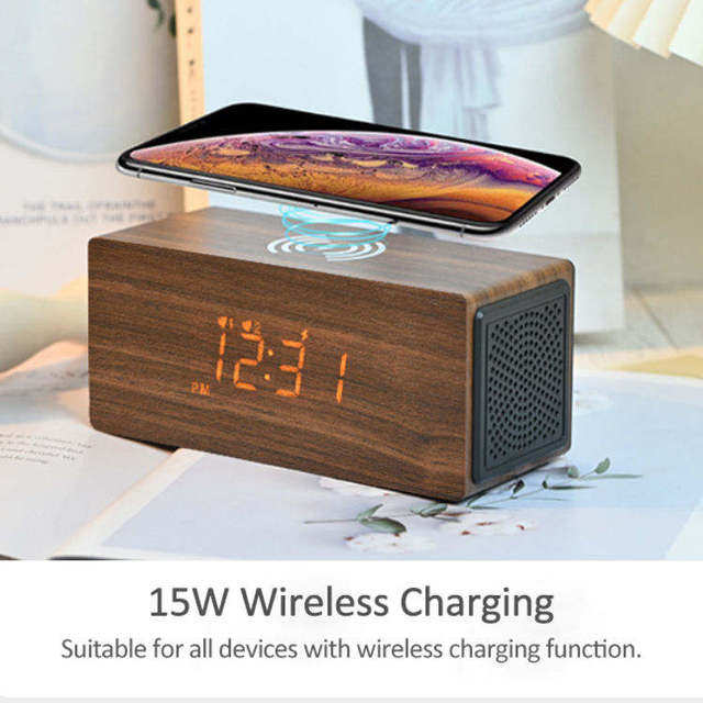 Smart Digital Portable  Speaker Wooden Alarm Table Clock with 15W Fast Wireless Charging Date Temperature Rechargeable