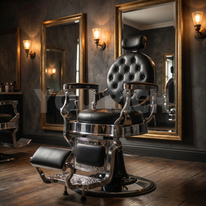 Fauteuil de barbier hydraulique capitonné noir vintage, robuste et inclinable, avec base chromée pour salons de coiffure masculins - Product Image 2