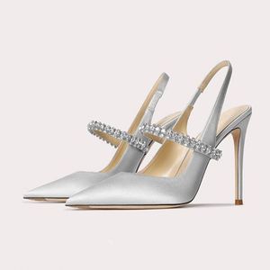 Escarpins professionnels à talon aiguille 6-8 cm, bout pointu et ouvert, en satin de soie nude avec strass, bride cheville, pour femme, taille 32-45, nouveau modèle 2026 - Product Image 3