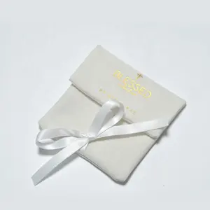 Hot selling Custom beige velvet suede envelope jewelry pouch with gold foiled logo