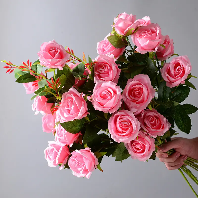 도매 핑크 꽃 재료 인공 장미 가짜 꽃 결혼식 가정 장식 플라스틱 꽃