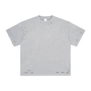 Col haut rétro lavé t-shirt Homme coton blanc en gros en détresse t-shirt court - Product Image 1