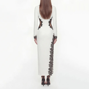 Abito <span class=keywords><strong>lungo</strong></span> bianco e <span class=keywords><strong>nero</strong></span> <span class=keywords><strong>con</strong></span> pizzo a contrasto, maniche lunghe e <span class=keywords><strong>spacco</strong></span> <span class=keywords><strong>laterale</strong></span> - Product Image 4