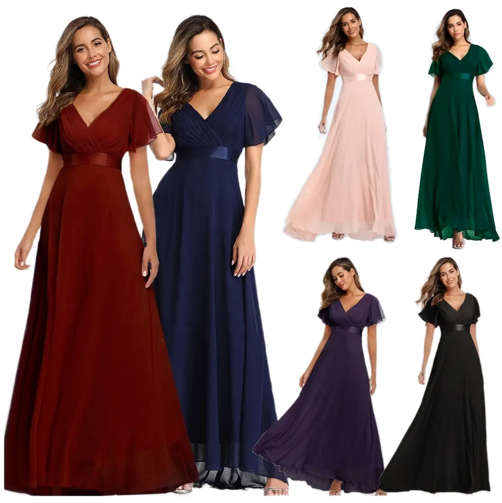 2022 Gowns Prom Maxi Dresses Women Elegant Flare Sleeve Chiffon Banquet Bridesmaid Wedding Plus Size Modest Evening Dress