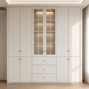 <span class=keywords><strong>Armadio</strong></span> Bianco Stile Shaker Premium con <span class=keywords><strong>Ante</strong></span> in Vetro Scanalato e Pomelli Dorati <span class=keywords><strong>per</strong></span> Villa, Mobili <span class=keywords><strong>per</strong></span> Camera da Letto Certificati FSC - Product Image 1