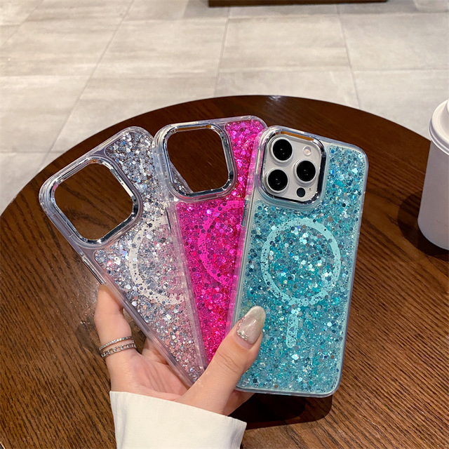 Popular Bling Glitter Magnetic Case for iPhone 16 15 14 13 12 11 Plus Pro Max Clear Glitter Wireless Charging Cover