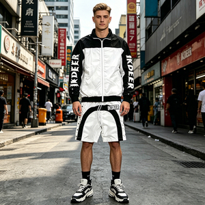 Ensemble coupe-vent 2 pièces pour homme, imprimé color-block, streetwear, veste à col montant entièrement zippée + short en mesh à boutons-pression latéraux, ensemble de survêtement - Product Image 5