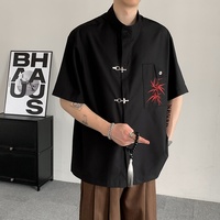 Chemise décontractée pour homme à col montant et manches courtes, broderie bambou, boucle métallique, coupe ample, style streetwear, pour le quotidien
