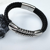 Bracelet en cuir tissé sur mesure de haute qualité en gros, 2 couches, acier inoxydable, bracelet en cuir tendance, bijoux pour hommes, bracelets