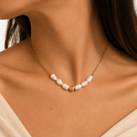 Collar de Perlas con Cadena Figaro Dorada, Once Perlas Redondas Graduadas, Perla Central Más Grande, Cadena de Cuerda Trenzada Ajustable, Joyería para Mujer