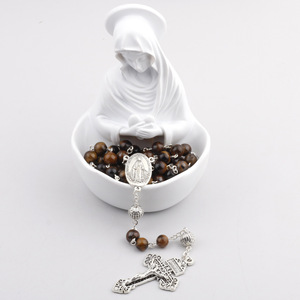 Bijoux religieux pour hommes, perles en pierre naturelle œil de tigre, chapelet catholique avec médaille de la Vierge Marie et croix de Jésus - Product Image 3