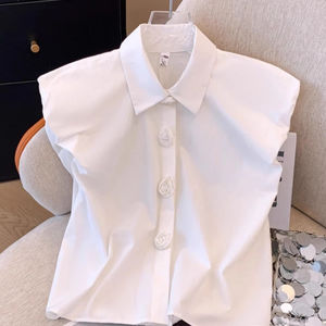 <span class=keywords><strong>Blusa</strong></span> <span class=keywords><strong>blanca</strong></span> con botones florales-Cuello en V de estilo francés con mangas abullonadas para el verano - Product Image 1