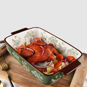 Macarons fleur verte <span class=keywords><strong>grand</strong></span> <span class=keywords><strong>plat</strong></span> de cuisson en céramique avec poignées vente en gros <span class=keywords><strong>plat</strong></span> de cuisson et casserole pour la maison - Product Image 1