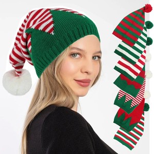 Cappello Natalizio <span class=keywords><strong>per</strong></span> Adulti Stile Elfo e Babbo <span class=keywords><strong>Natale</strong></span>, Lavorato a Maglia con Strisce Rosse e Verdi, Buon <span class=keywords><strong>Natale</strong></span> e Felice Anno Nuovo - Product Image 1