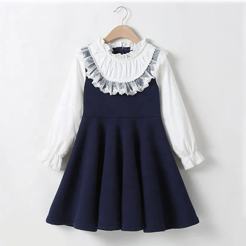 Autumn New Girls School Clothing Dress Baby Casual Dress Kids Blue White Patchwork Clothes Children Long Sleeve lace Dress