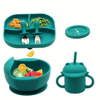 Ensemble de 6 ustensiles d'alimentation pour bébé en silicone, assiette, bol, cuillère, fourchette, design antidérapant, passe au lave-vaisselle, style européen, pour les enfants de 0 à 3 ans